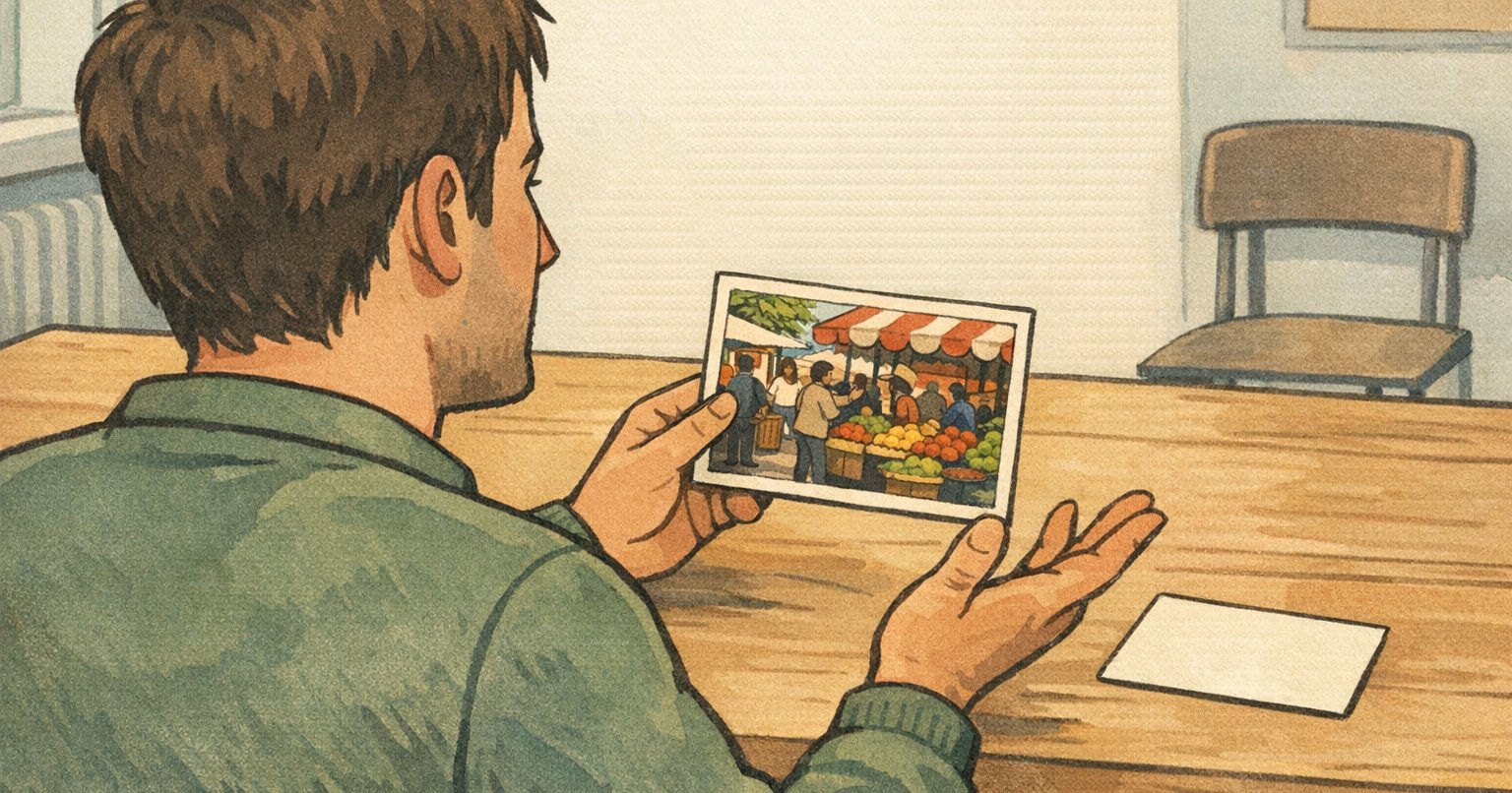 Ein erwachsener Lernender sitzt an einem Holztisch, hält eine farbige Fotokarte mit einer Szene auf einem Wochenmarkt in der Hand und beschreibt sie