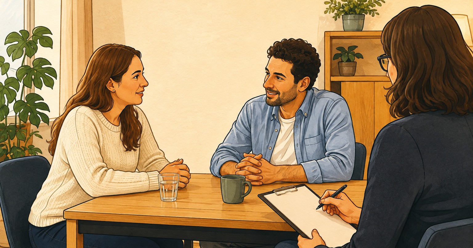 Zwei Personen sitzen an einem Tisch im Gespräch, ihnen gegenüber zwei Prüfende mit Bewertungsbögen