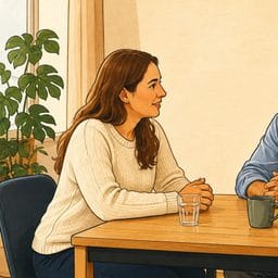 Zwei Personen sitzen an einem Tisch im Gespräch, ihnen gegenüber zwei Prüfende mit Bewertungsbögen