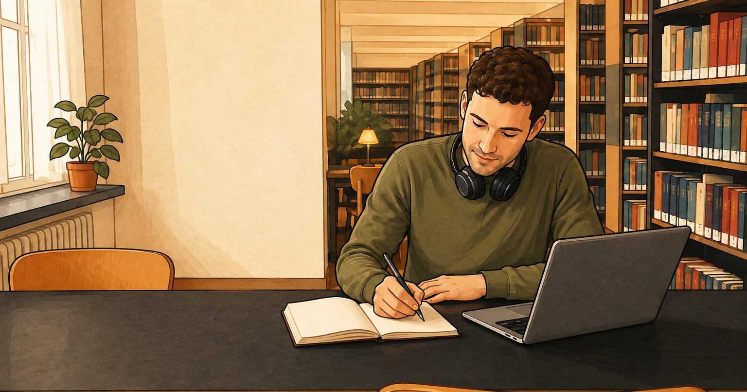 Eine Person lernt zu Hause am Schreibtisch mit Notizbuch, Kopfhörern und Laptop Deutsch