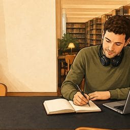 Eine Person lernt zu Hause am Schreibtisch mit Notizbuch, Kopfhörern und Laptop Deutsch