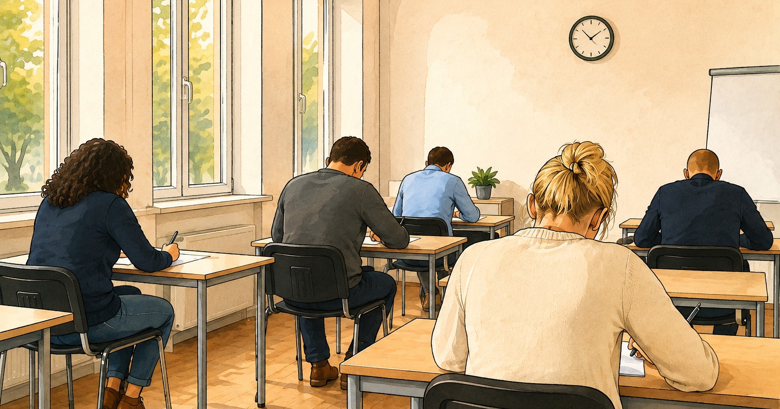 Teilnehmerinnen und Teilnehmer sitzen an Einzeltischen in einem hellen Prüfungsraum und bearbeiten schriftliche Aufgaben
