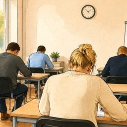 Teilnehmerinnen und Teilnehmer sitzen an Einzeltischen in einem hellen Prüfungsraum und bearbeiten schriftliche Aufgaben