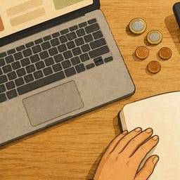 Eine Person sitzt mit Laptop und Taschenrechner am Tisch und plant die Kosten einer Sprachprüfung
