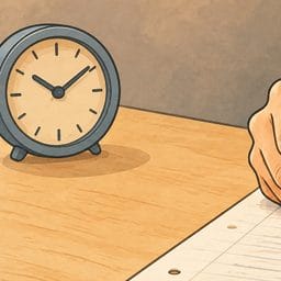 Nahaufnahme einer Hand, die auf einem Antwortbogen einen deutschen Text schreibt, daneben eine Uhr